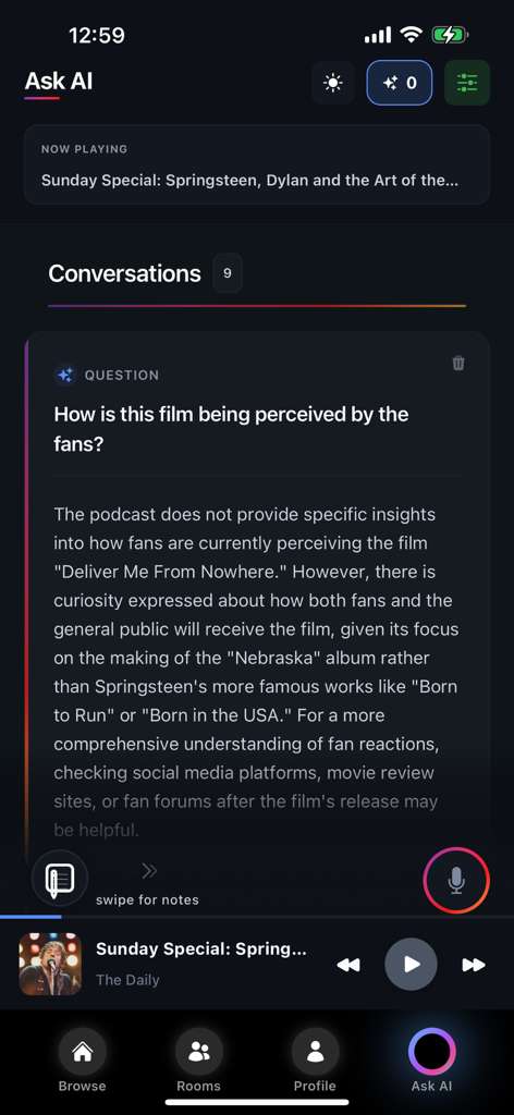 AskAlong AI conversation interface showing Q&A with timestamped answers