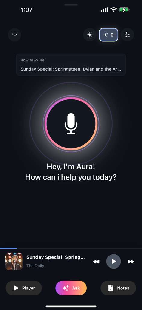 AskAlong voice assistant interface showing 'Hey, I'm Aura!' with microphone