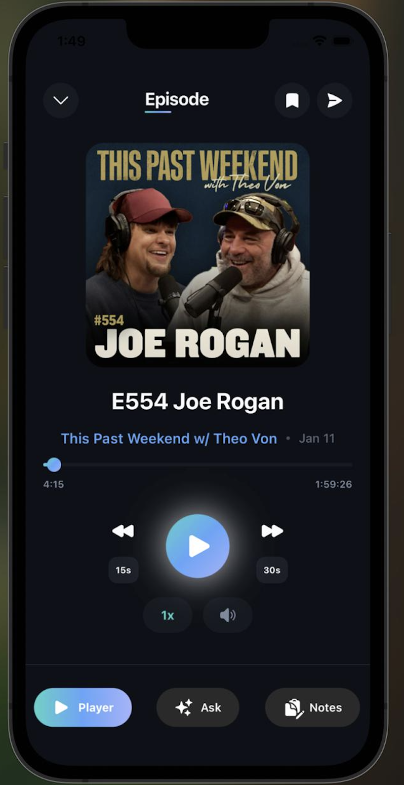 AskAlong episode detail page with podcast information and playback controls